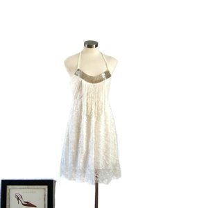 Uno Core Junior Lace Dress Backless Size L White Beaded Fringes